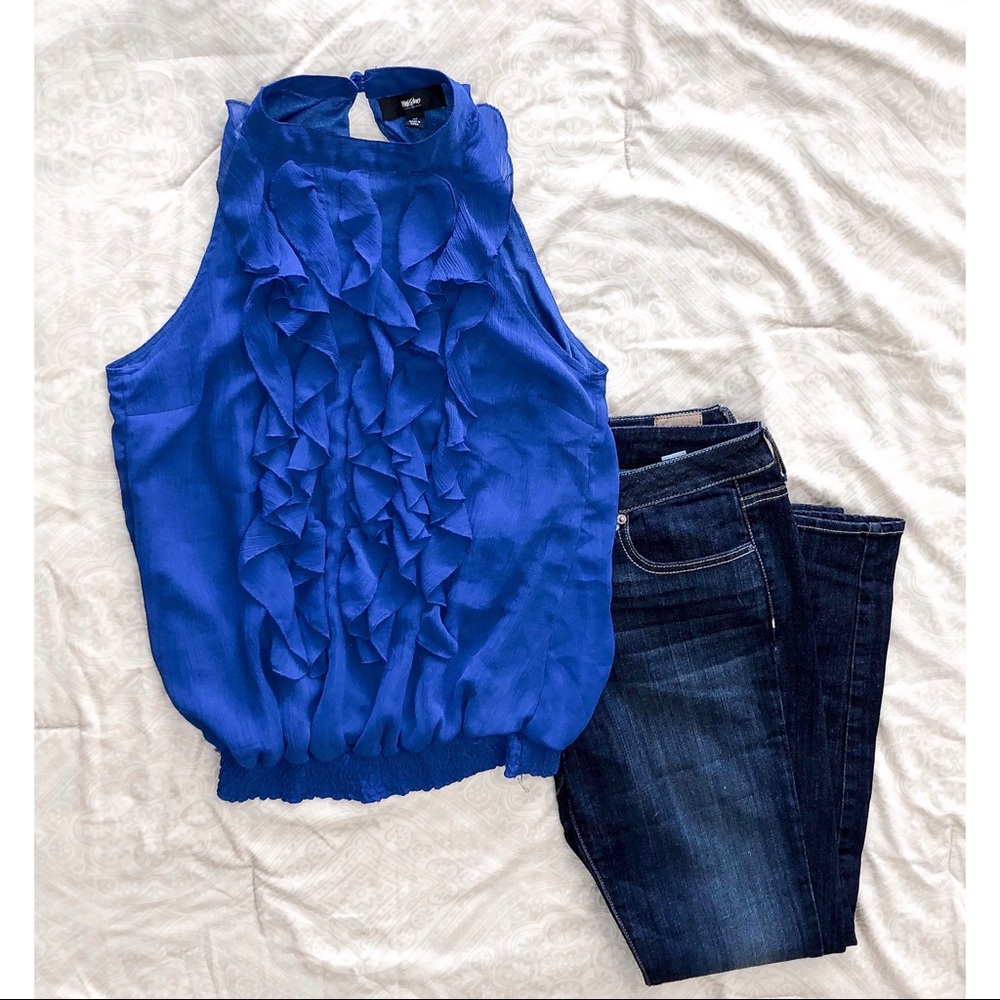 Bright Blue Ruffle Front Sleeveless Tank Top Sz M